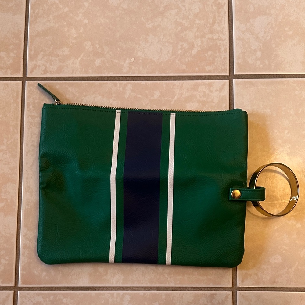 Green and Blue Striped Clutch with Ring Handle
